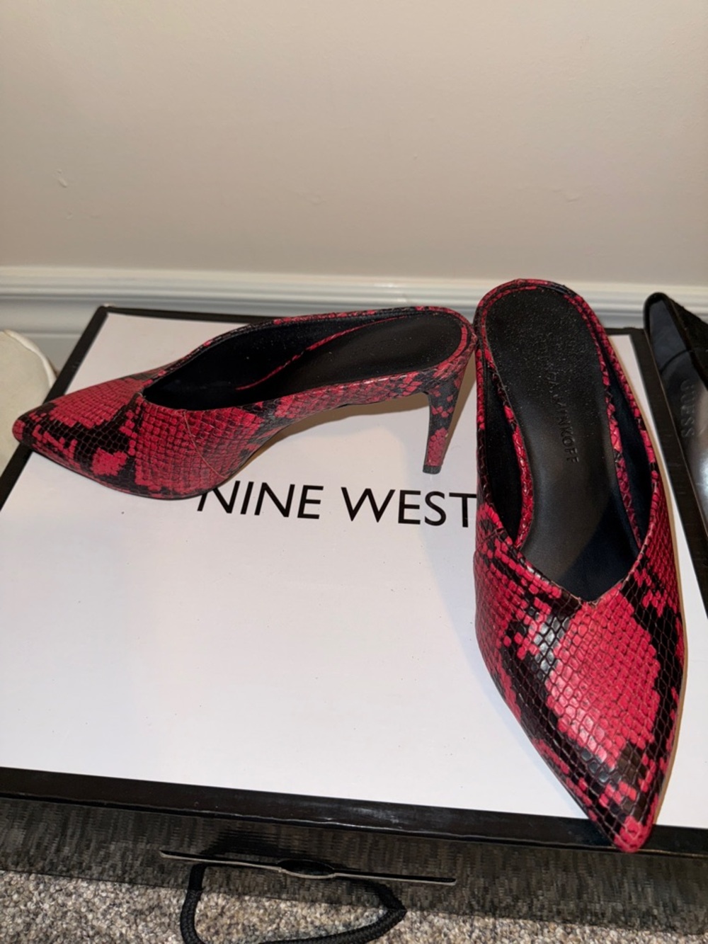 Rebecca Minkoff Red and Black Snakeskin Pointed-Toe Mules